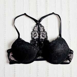 Victoria's Secret Lightly Lined Demi Bra Racerback Black Lace Front Clasp 34B